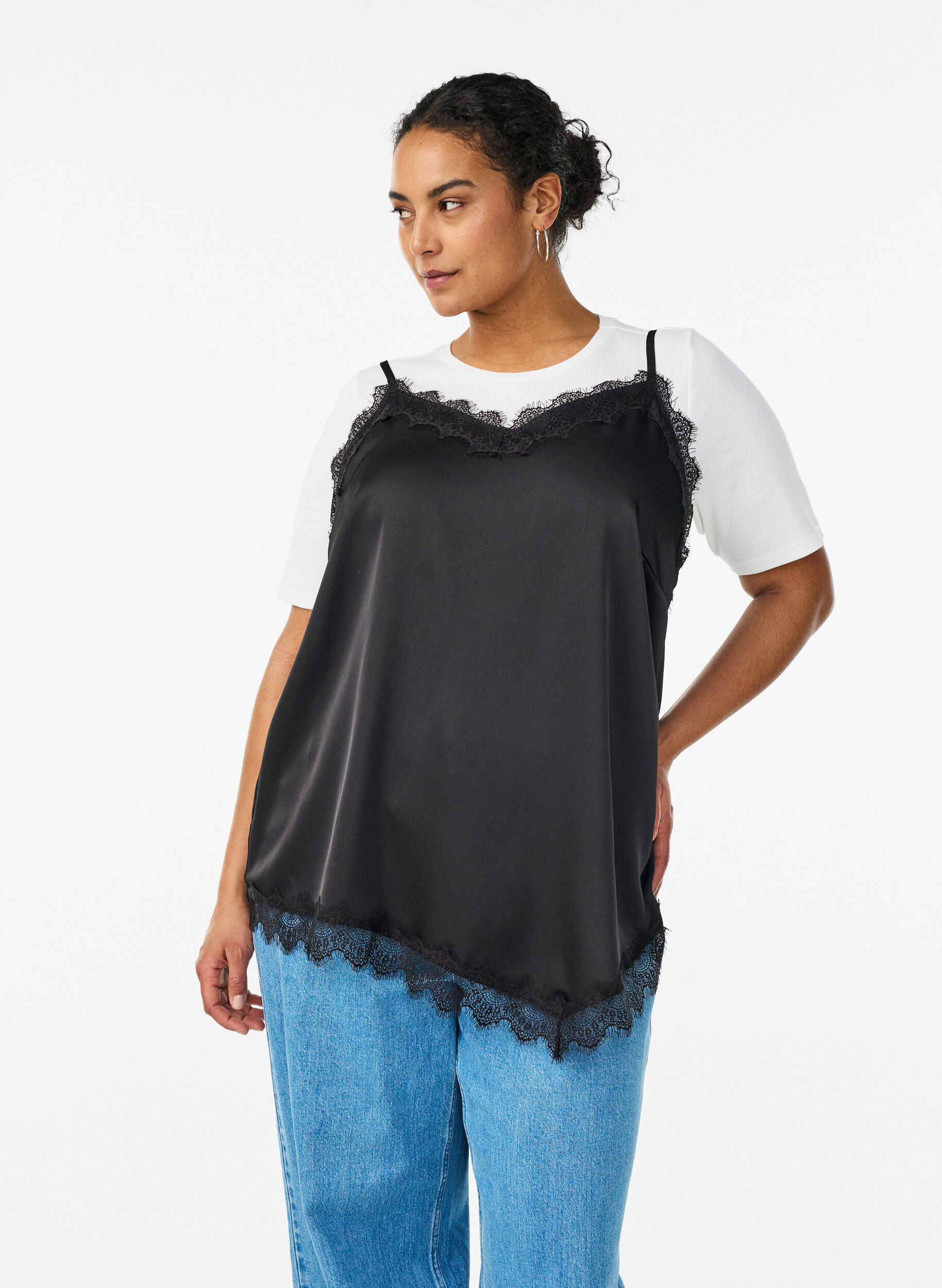 Zizzifashion Satin top with lace trim and asymmetric hem, Black, Model image number 0