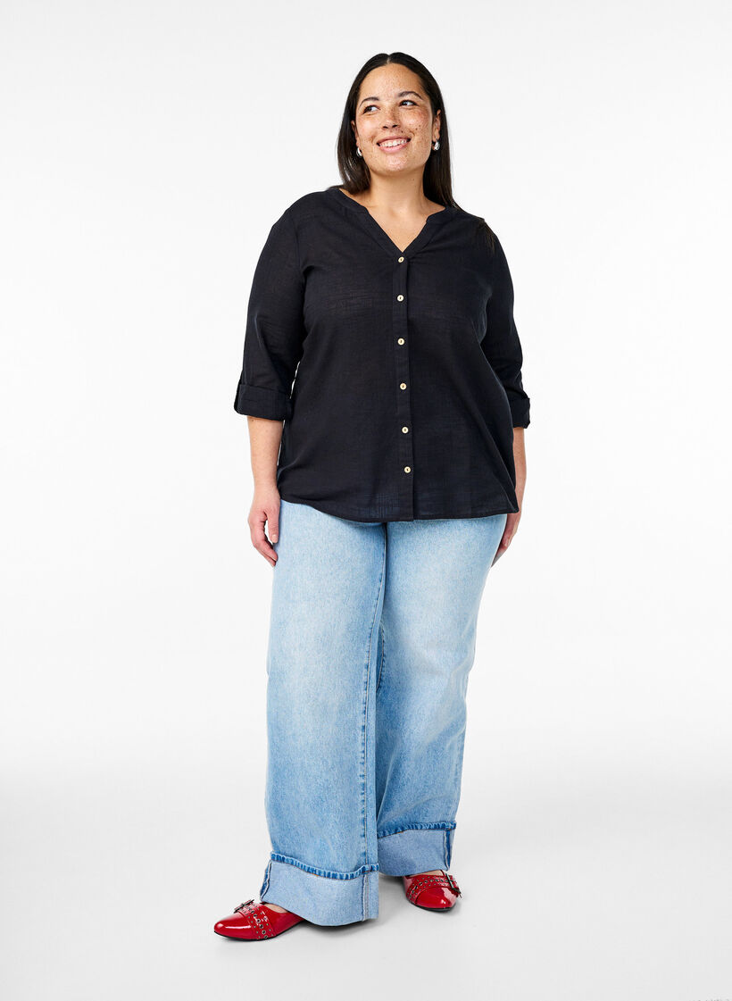 Cotton shirt blouse with a v-neck, Black, Model image number 1