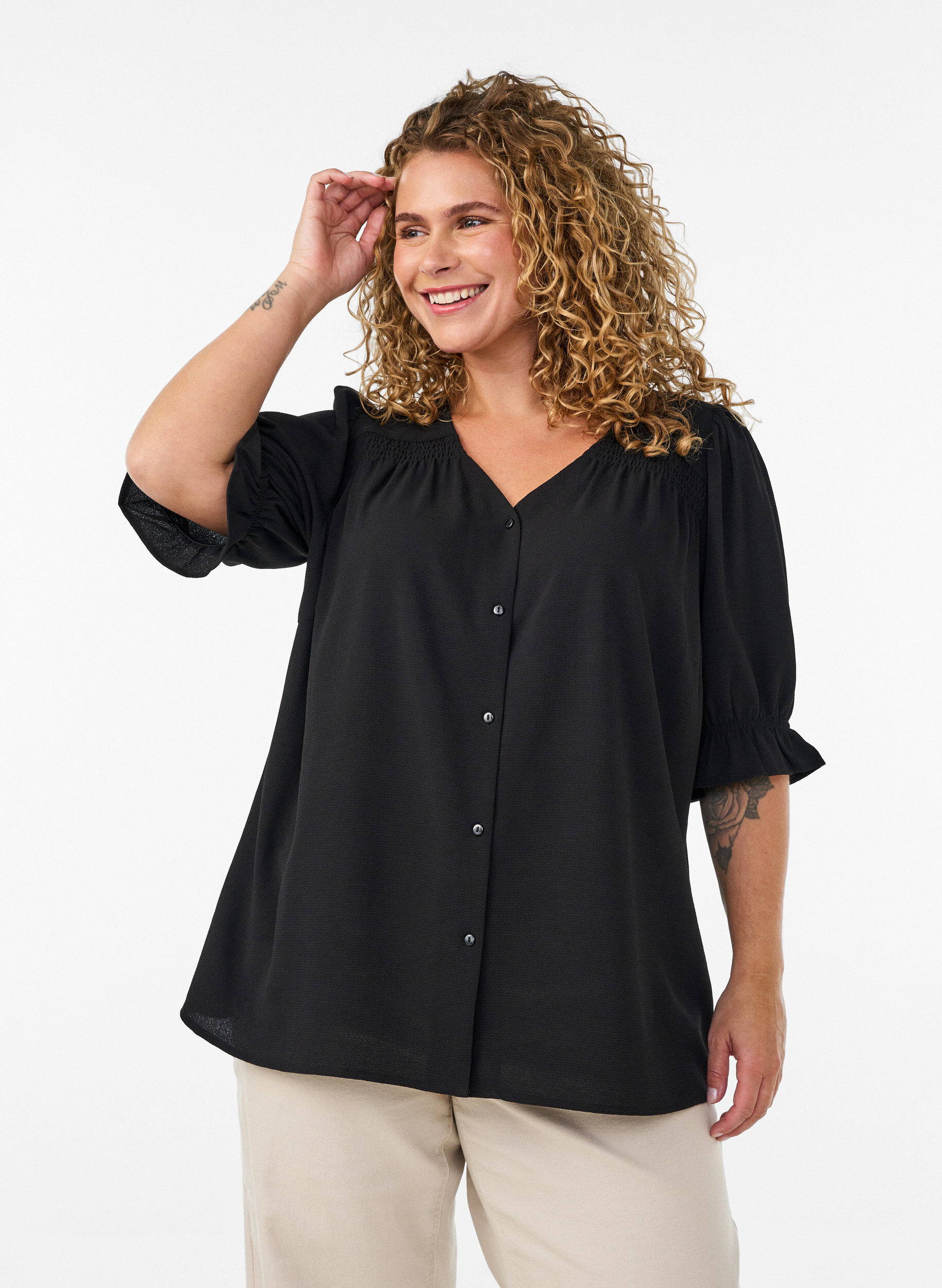 Zizzifashion Shirt blouse with 1/2 sleeves, Black, Model image number 0
