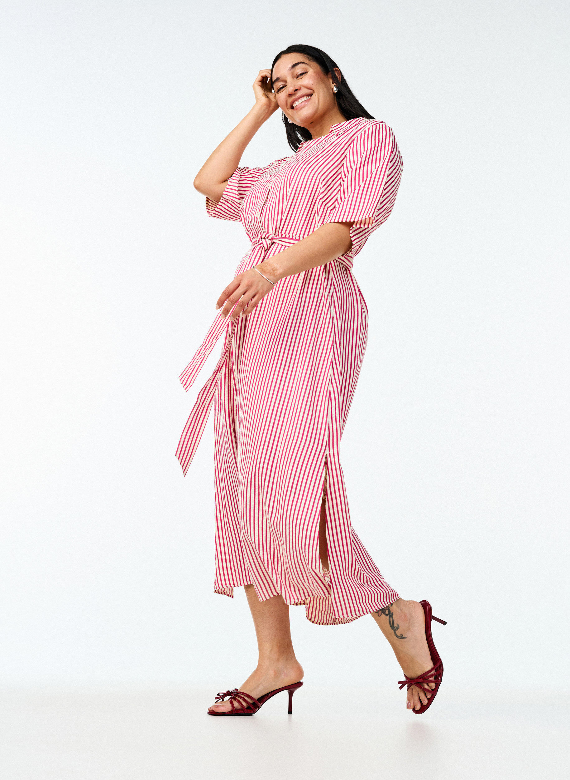 Zizzifashion Ankle-length shirt dress with tie belt and stripes, Pink, Image image number 0
