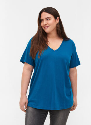 Organic cotton T-shirt with V-neckline, Maroccan Blue, Model image number 0