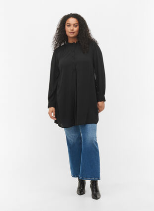 Tunic with ruffle collar and long sleeves, Black, Model image number 2