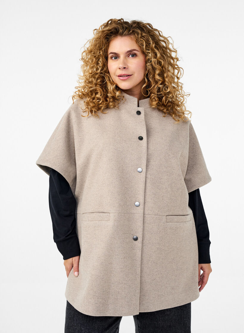 Cape jacket in a wool-look with short sleeves, Simply Taupe Mel., Model image number 0