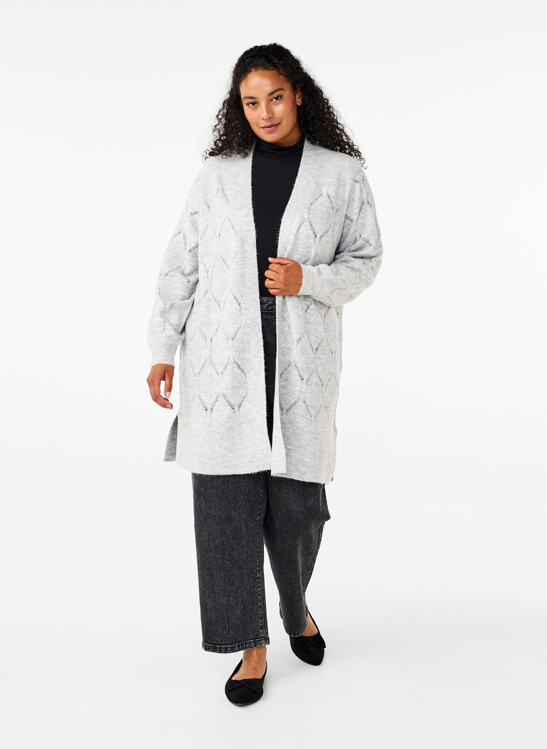 Zizzifashion Long sleeve knitted cardigan, Light Grey Melange, Model image number 2