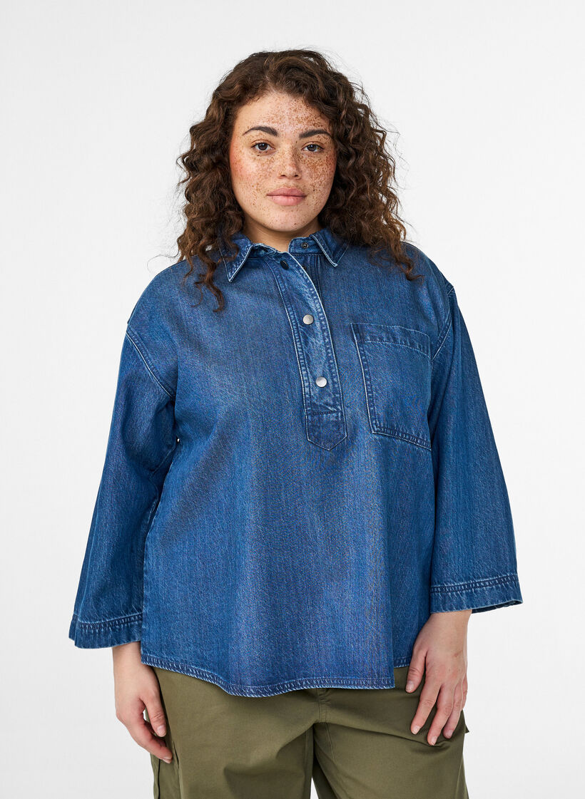Loose denim shirt with 3/4-sleeves, Blue, Model image number 0