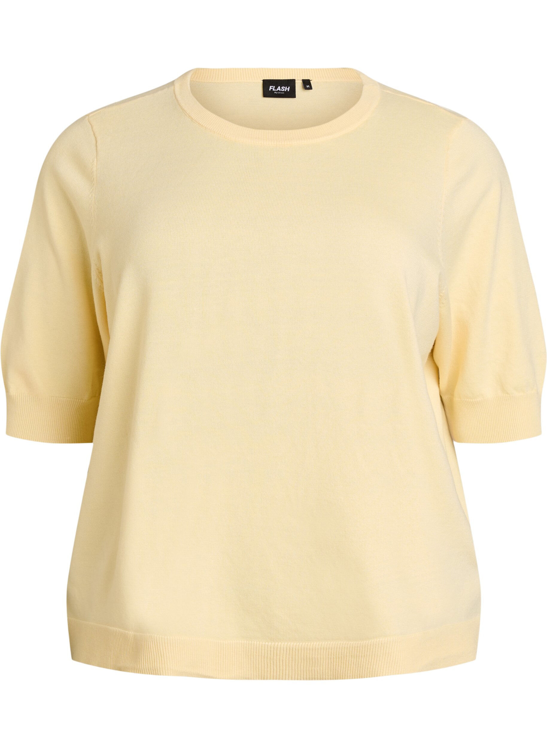 ZizzifashionFine-knit blouse with short sleeves, Yellow, Packshot image number 0