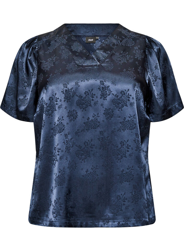 Satin blouse with floral print and V-neck, Blue, Packshot image number 0