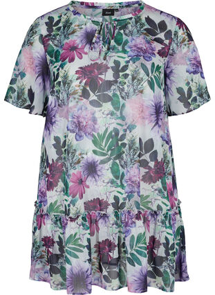 Short-sleeved tunic with a floral print, Purple Flower mix, Packshot image number 0