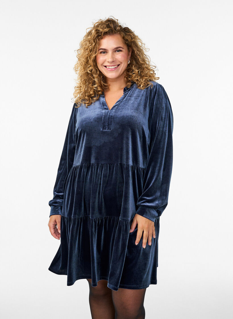 Short velour dress with a ruffle collar and long sleeves, Blue, Model image number 0