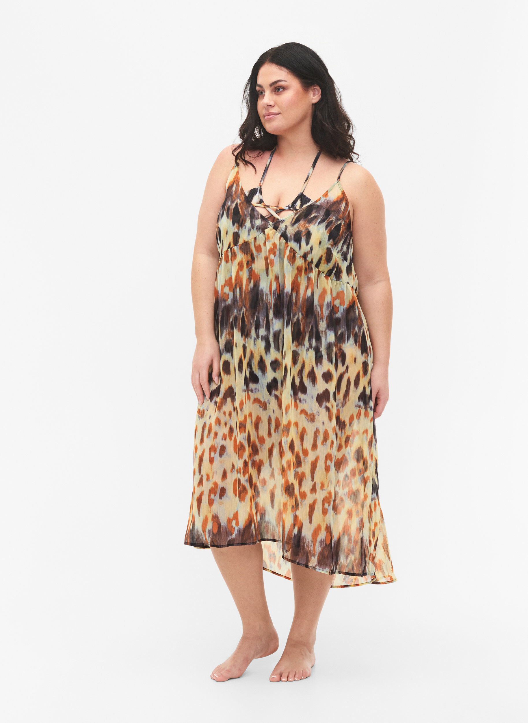 Zizzifashion Leopard printed beach dress with straps, Abstract Leopard, Model image number 0