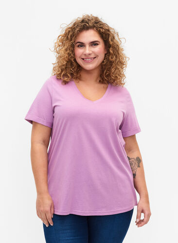 Cotton t-shirt with v-neck, Lavender Herb, Model image number 0