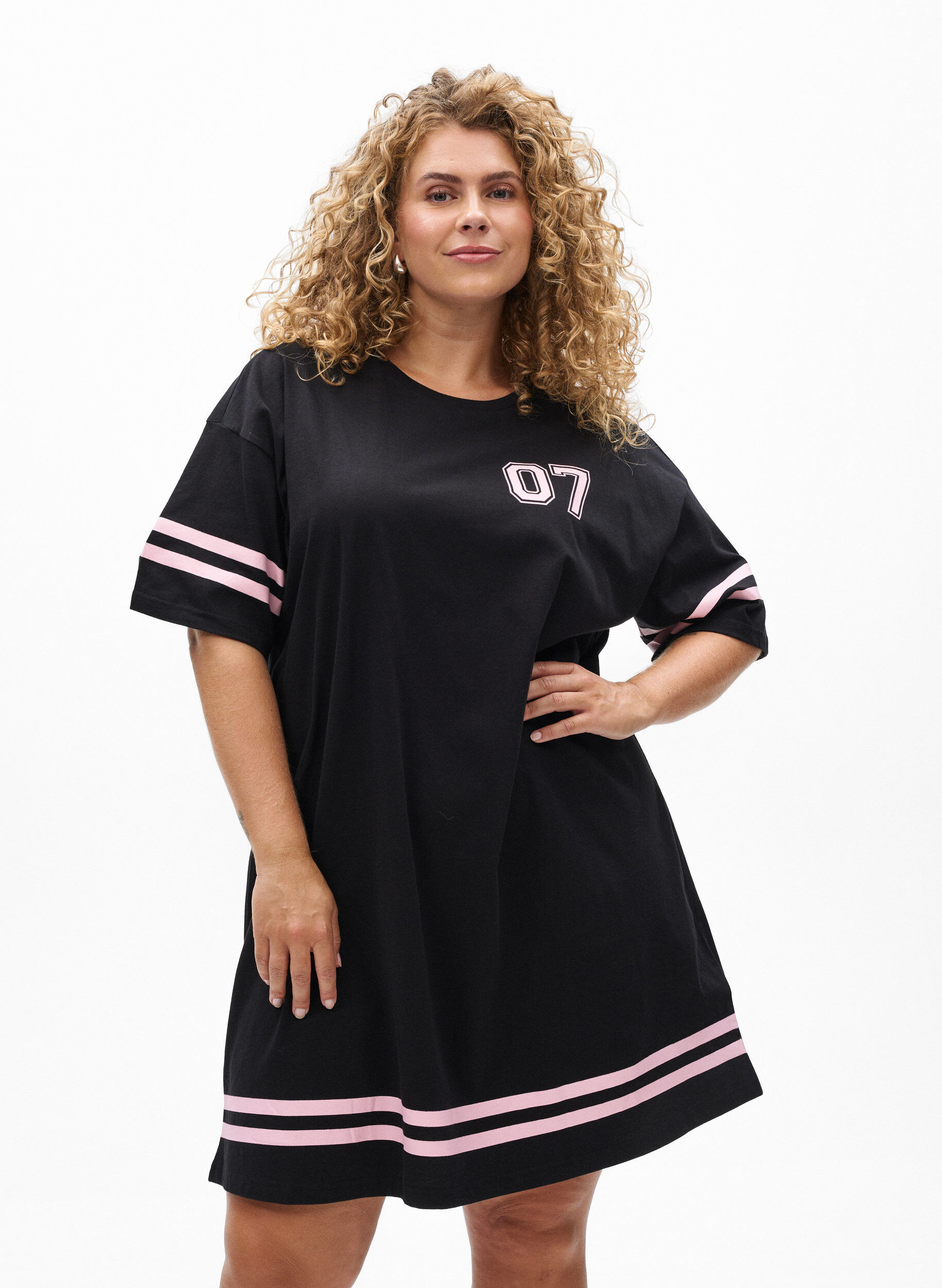 Zizzifashion Short T-shirt dress with sporty details, Black, Model image number 0
