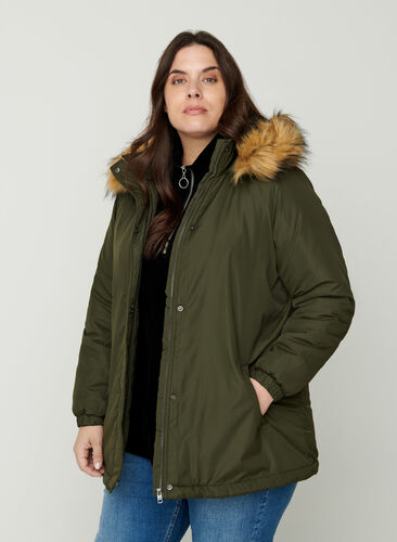 Jacket with a fake fur collar and drawstring waist, Forest Night, Model image number 0