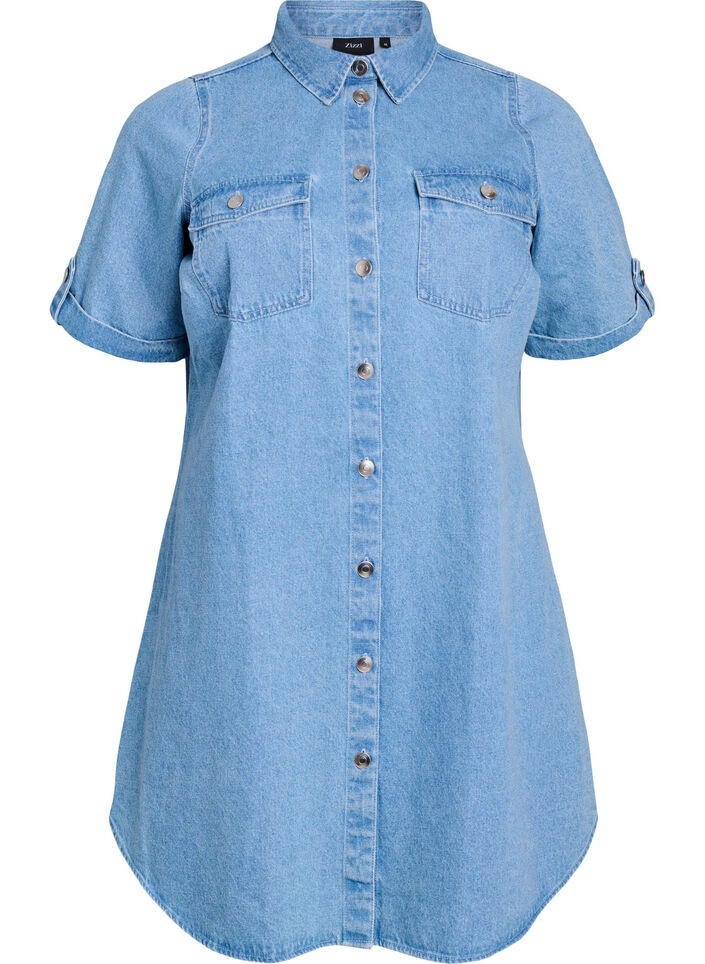Denim dress with short sleeves and buttons, Light Blue, Packshot image number 0