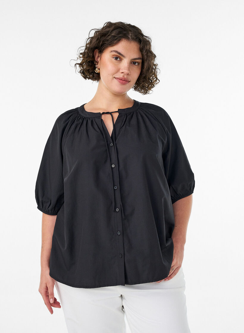 Shirt blouse with button fastening and tie-belt, Black, Model image number 0