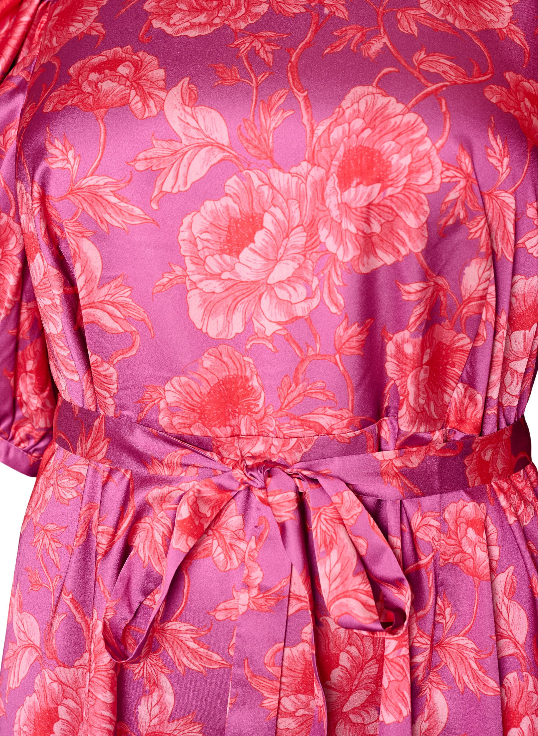 Zizzifashion Floral dress with puff sleeves and tie-belt, Pink, Packshot image number 2