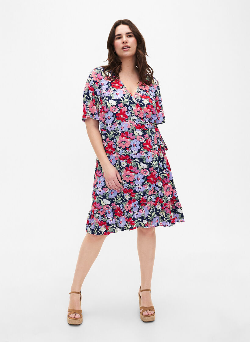 Floral wrap dress with short sleeves, Blue, Model image number 1