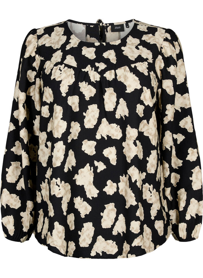 Long-sleeved blouse with print and bows, Black, Packshot image number 0