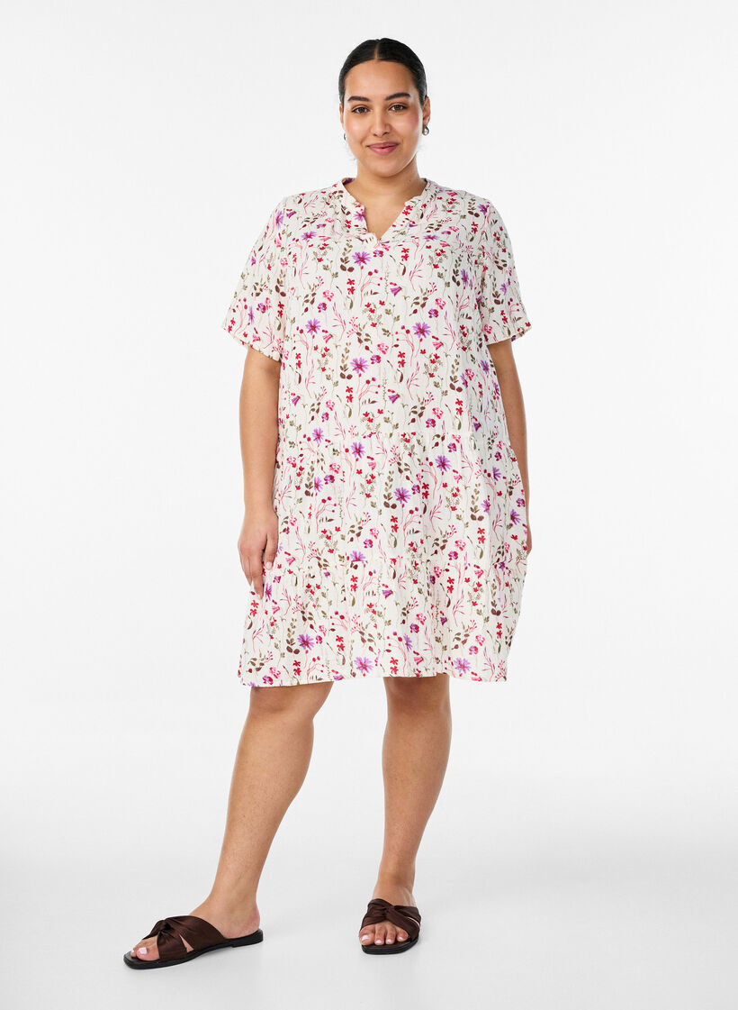 Short A-line dress in cotton muslin, Beige, Model image number 1