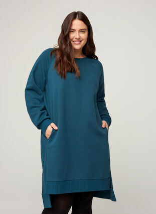 Sweater dress with pockets and slits, Majolica Blue Mel., Model image number 0