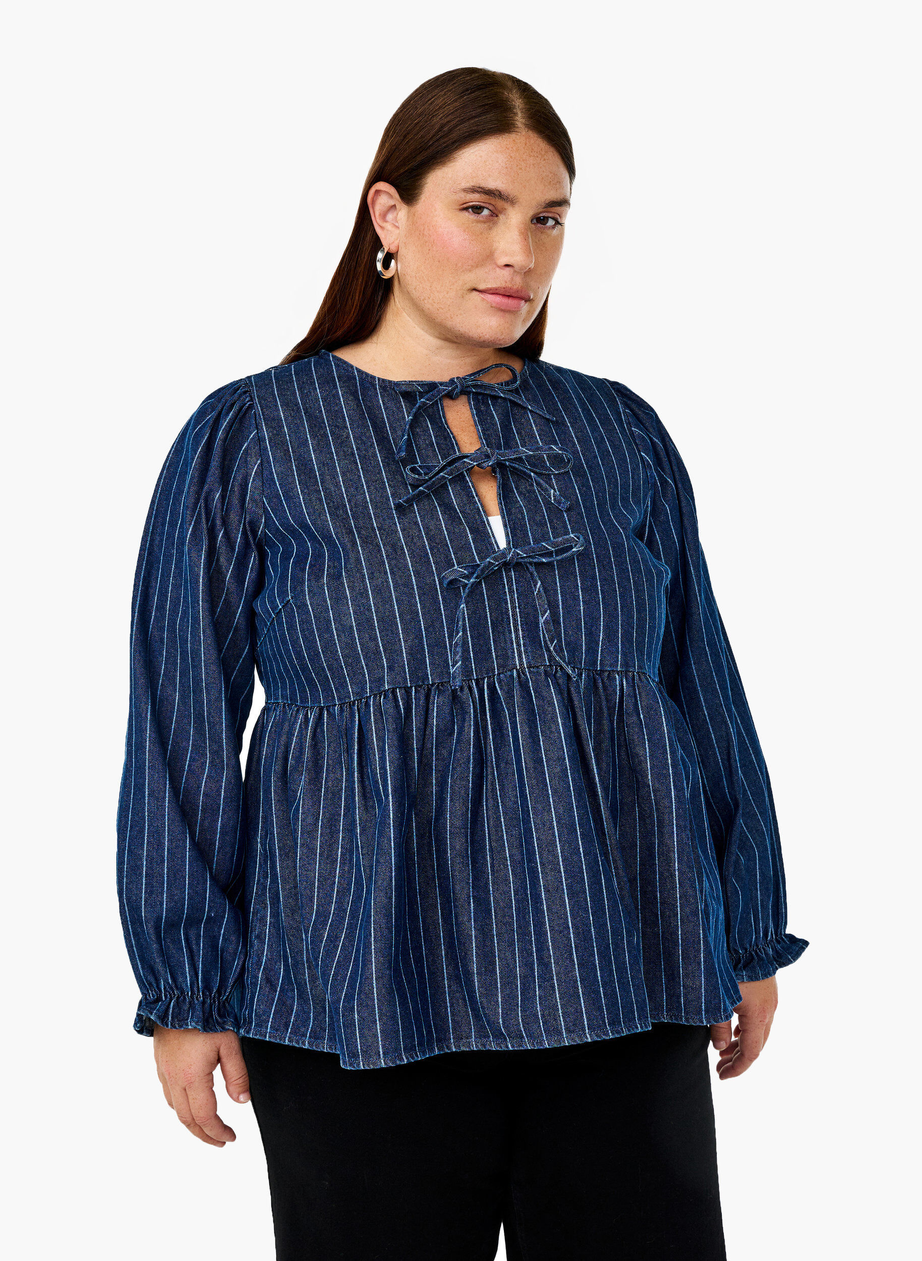 Zizzifashion Striped denim blouse with front tie, Blue, Model image number 0