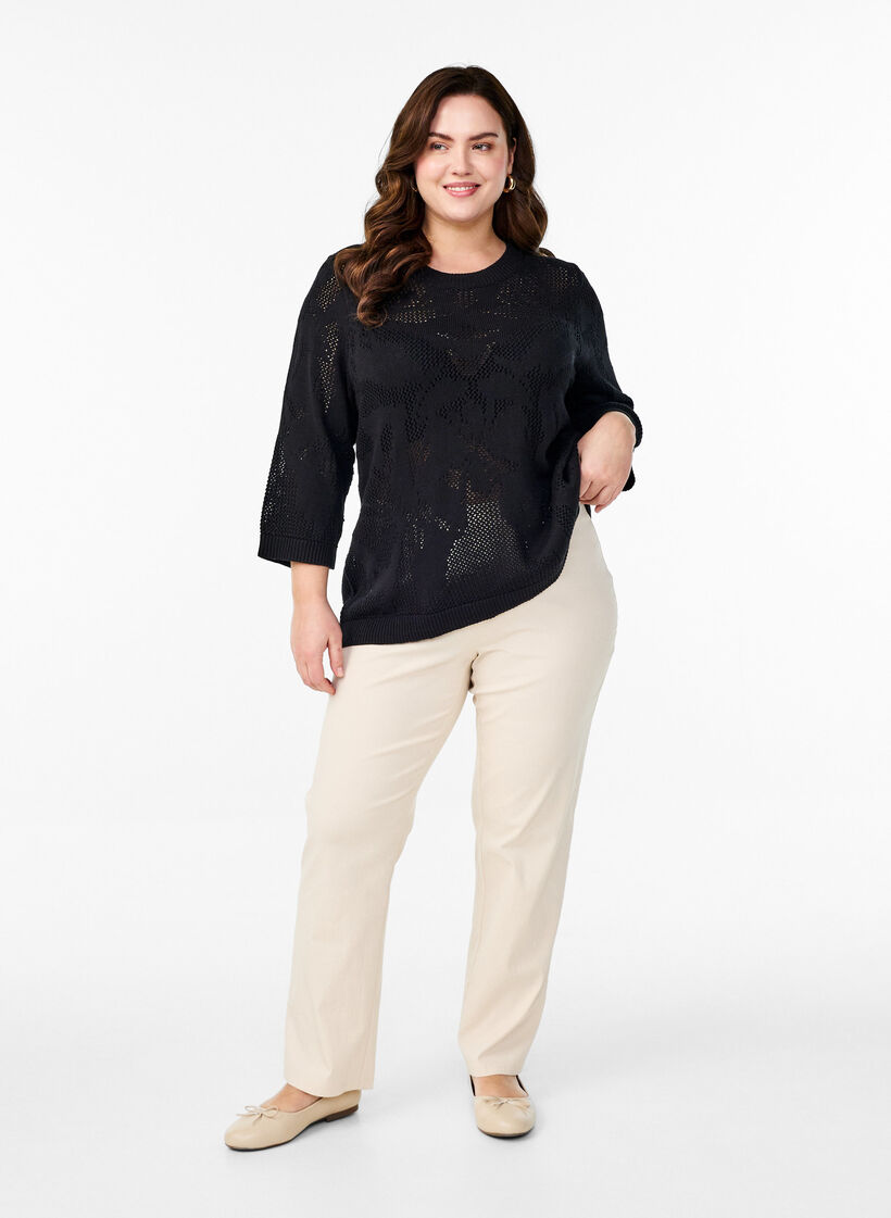 Knit blouse with an openwork pattern and 3/4 sleeves, Black, Model image number 2