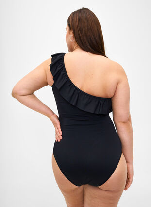 One-shoulder swimsuit with ruffle, Black, Model image number 1