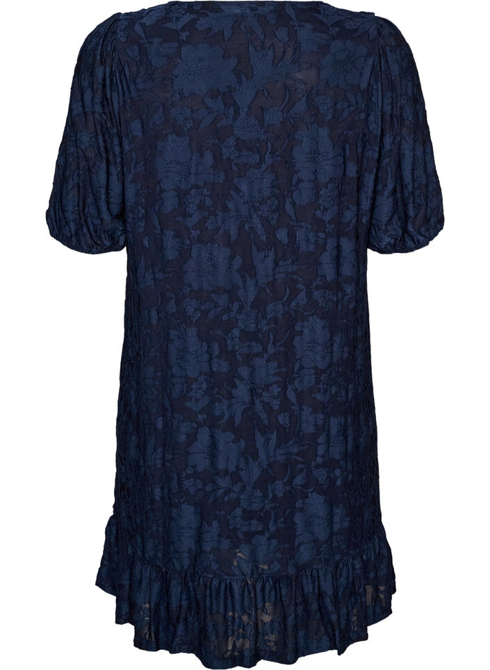 Dress with floral texture and ruffle trim, Blue, Packshot image number 1