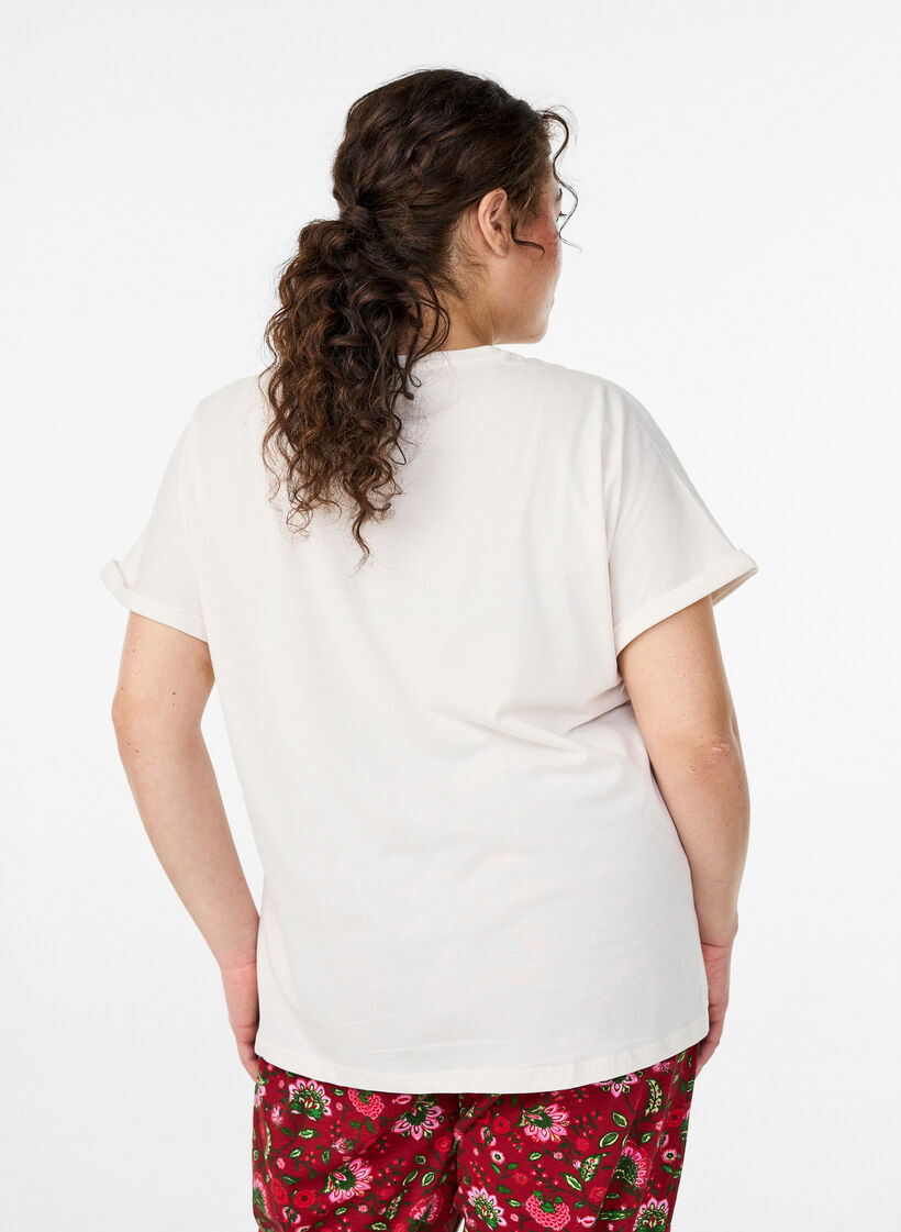 Loose cotton night T-shirt with print detail, Vanilla, Model image number 2