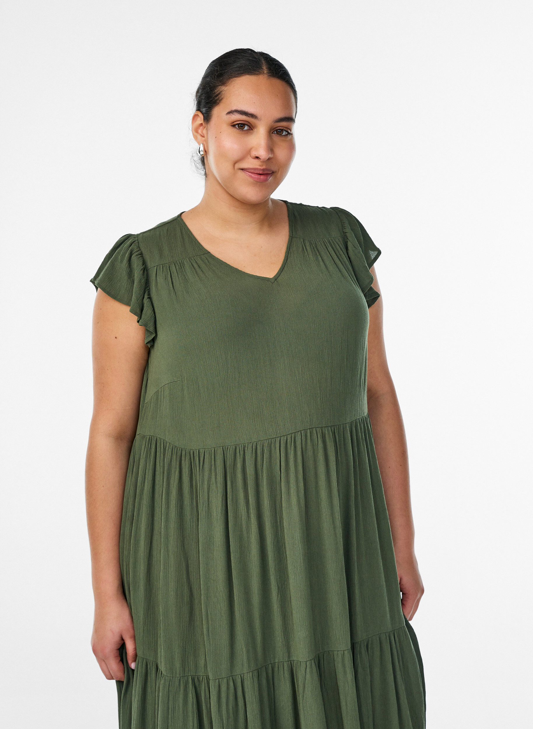 Zizzifashion Midi dress in viscose with ruffle sleeves, Green, Model image number 3