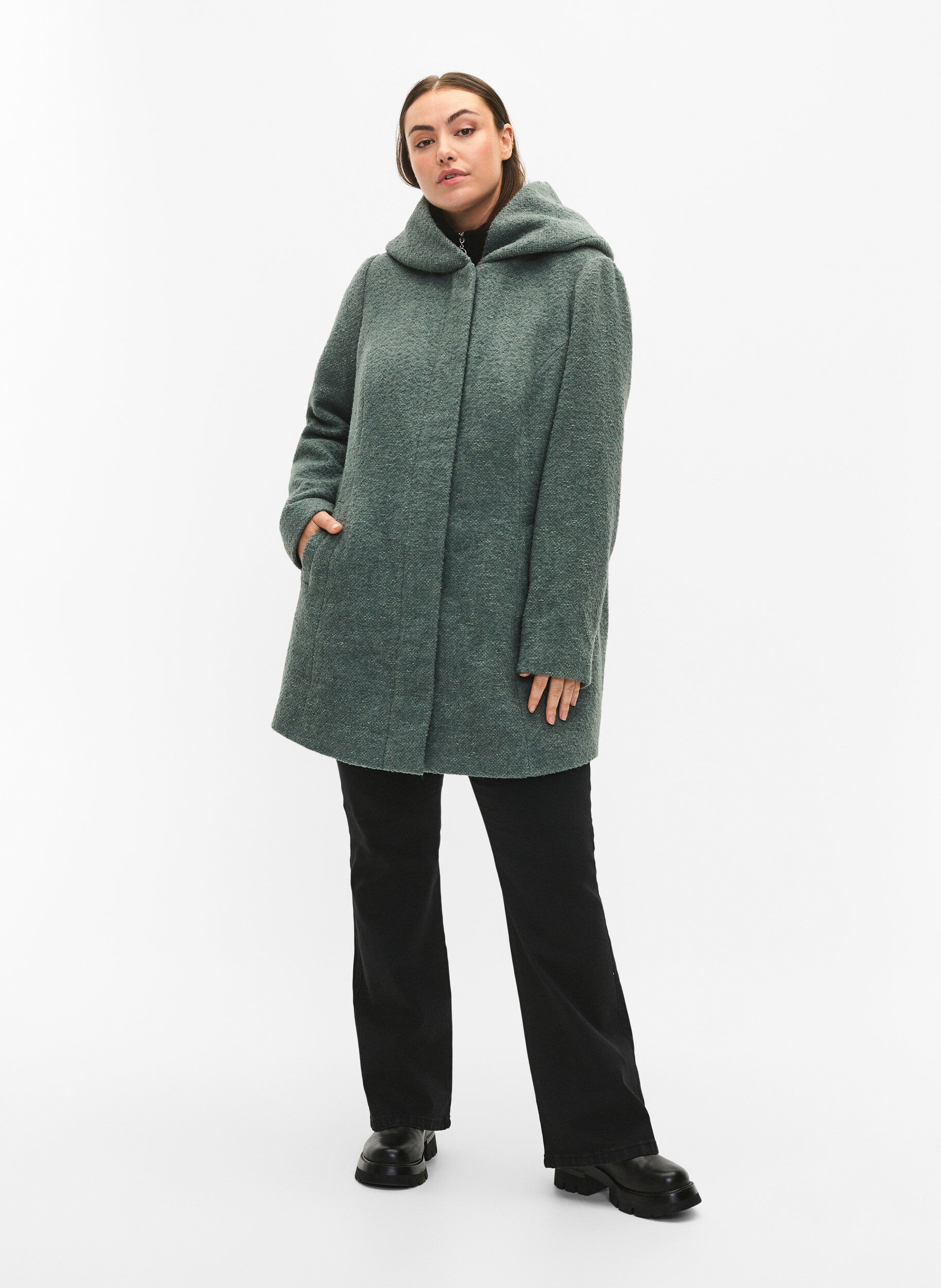 Zizzifashion Boucl&eacute; coat with wool, Balsam Green Mel., Model image number 2