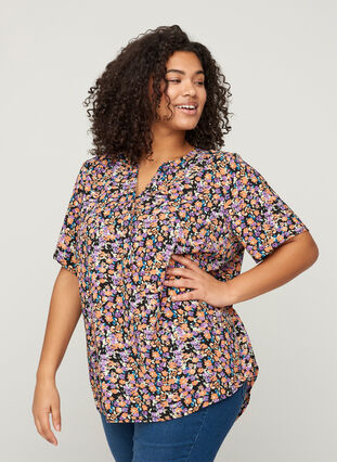 Printed blouse with short sleeves, Black Flower AOP, Model image number 0