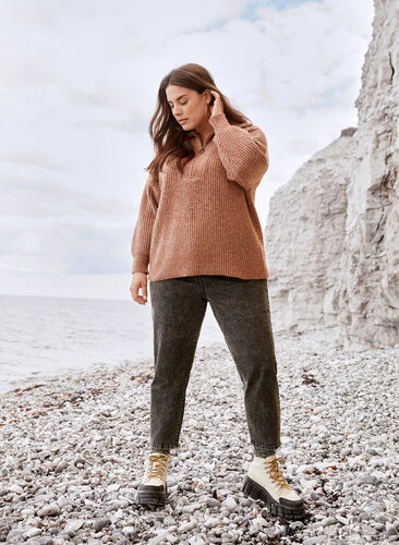 Marled knitted blouse with a zip and wool, Russet Mel, Image image number 0