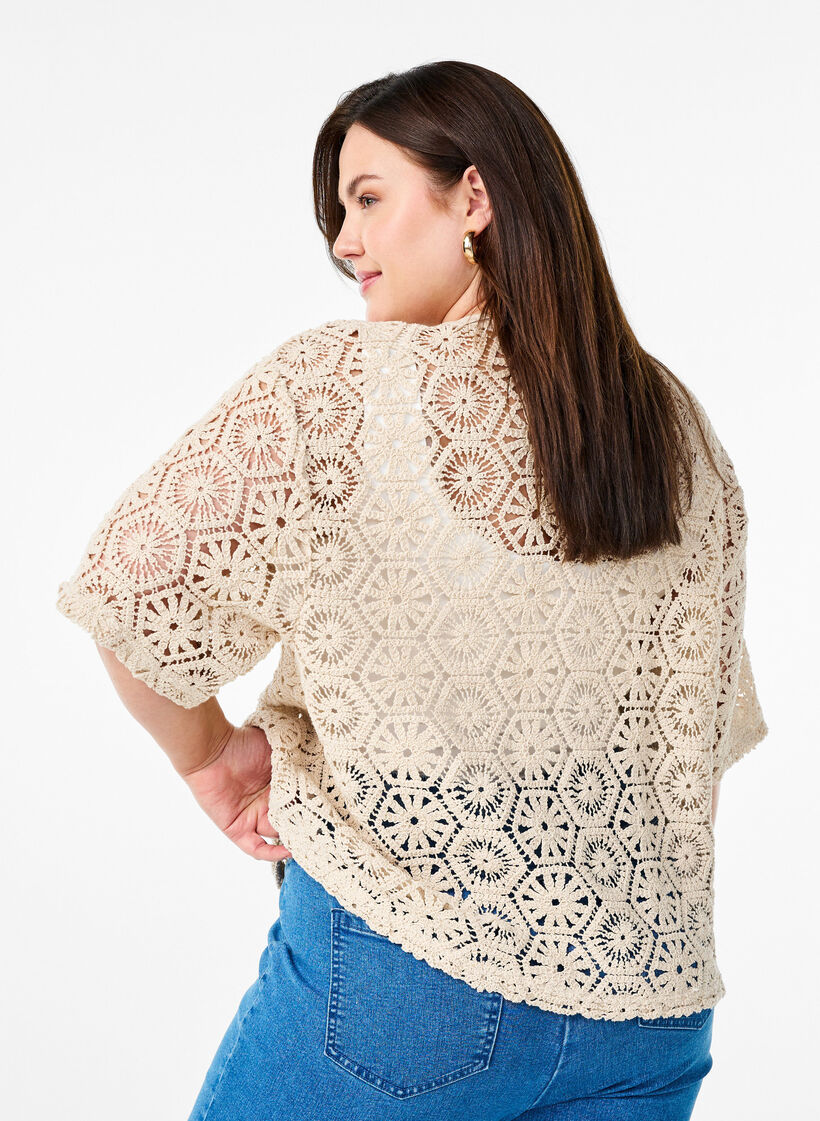 Crochet cardigan with short sleeves, Beige, Model image number 2