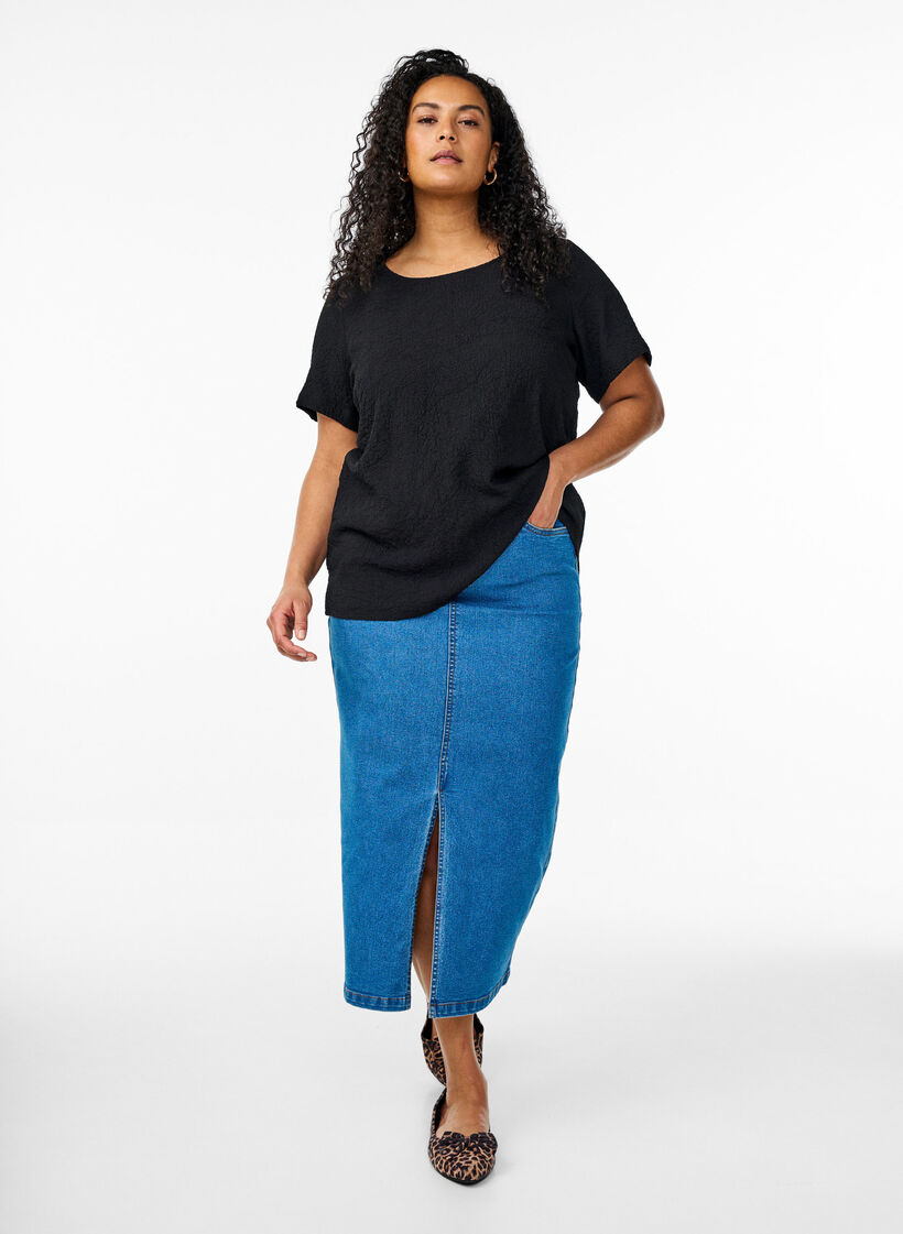 FLASH - Short-sleeved blouse with texture, Black, Model image number 1