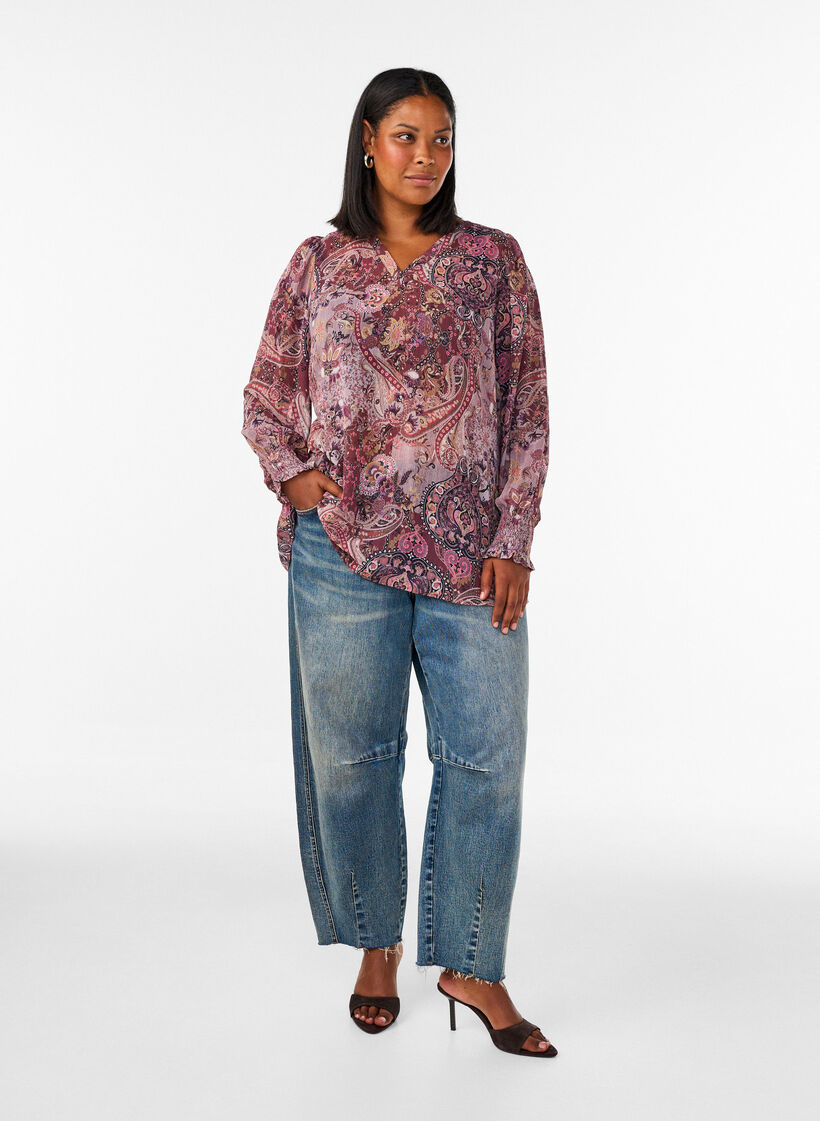 Tunic with paisley print and smocked cuffs, Rose, Model image number 1