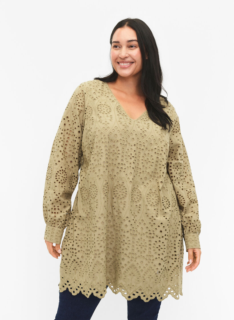 Cotton tunic with broderie anglaise, Coriander, Model image number 0