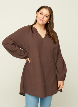 Short cotton tunic with a V-neck, Brown, Model image number 0