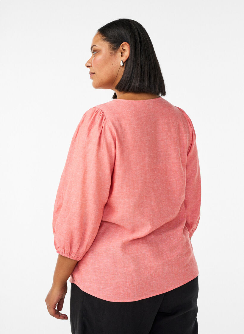 Shirt blouse in linen and viscose with 3/4-sleeves, Coral, Model image number 2