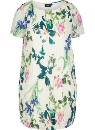 Short-sleeved pleated dress with floral print, Bright White AOP, Packshot image number 0
