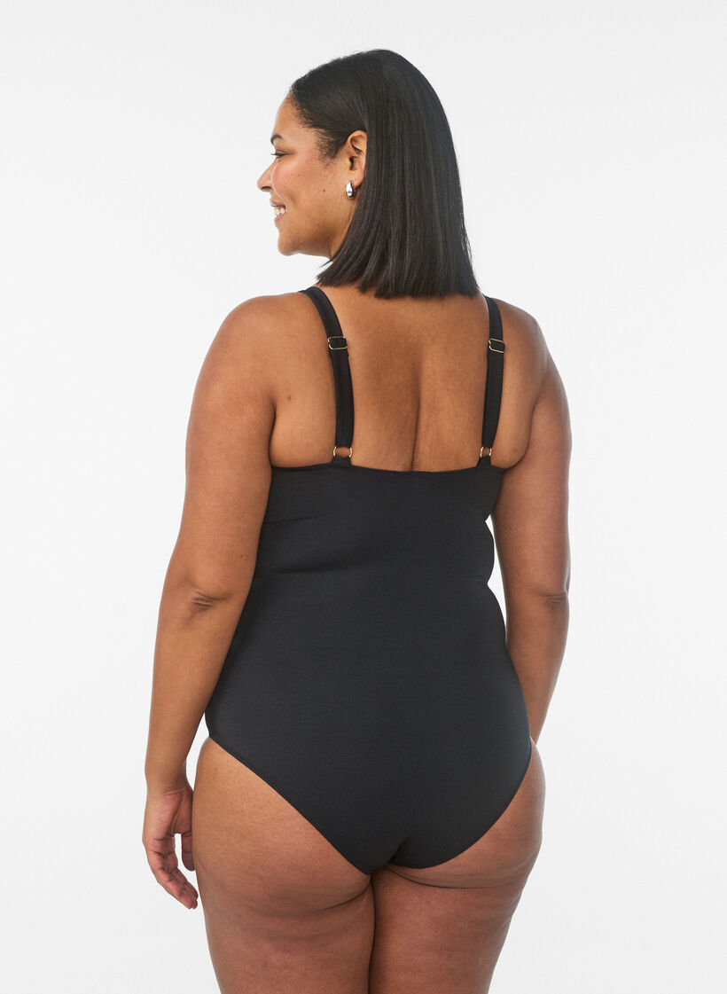 Swimsuit with V-neck and ring detail, Black, Model image number 1