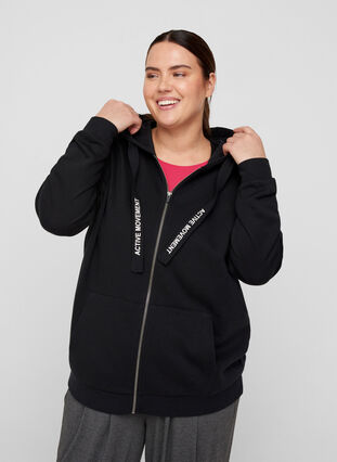 Sweat cardigan with zipper and hood, Black, Model image number 0