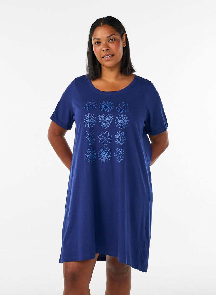 Short-sleeved nightgown in organic cotton, Blue, Model image number 0