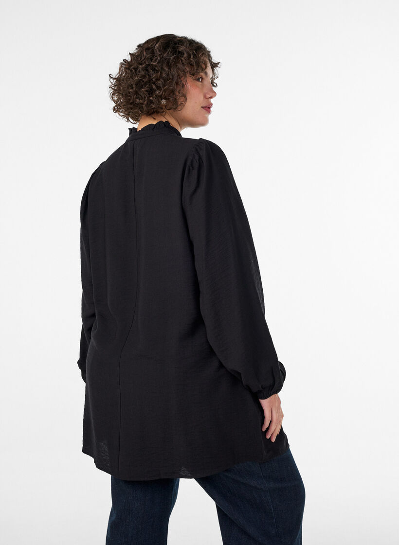Viscose tunic with ruffles and buttons, Black, Model image number 2
