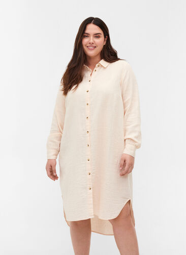 Long cotton shirt with a classic collar, Mother Of Pearl, Model image number 0