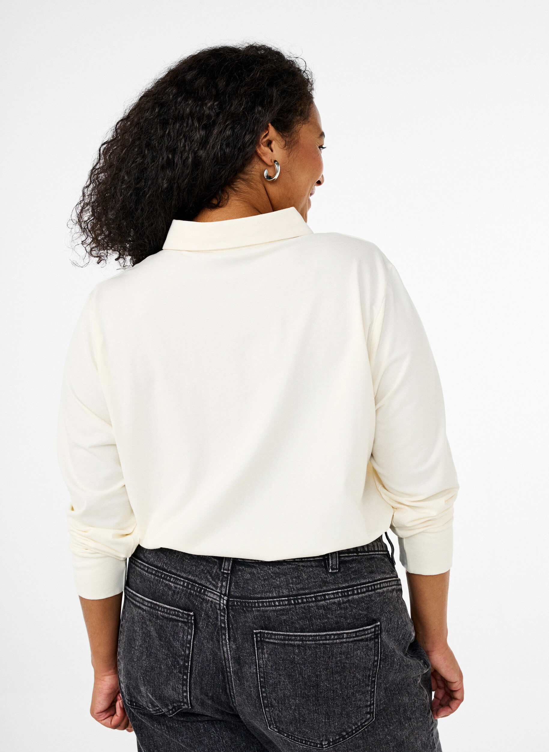 Zizzifashion Long-sleeved polo shirt with stripes, Vanilla, Model image number 2