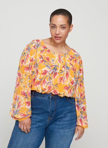 Floral pleated blouse, Cadmium Yellow AOP, Model image number 0