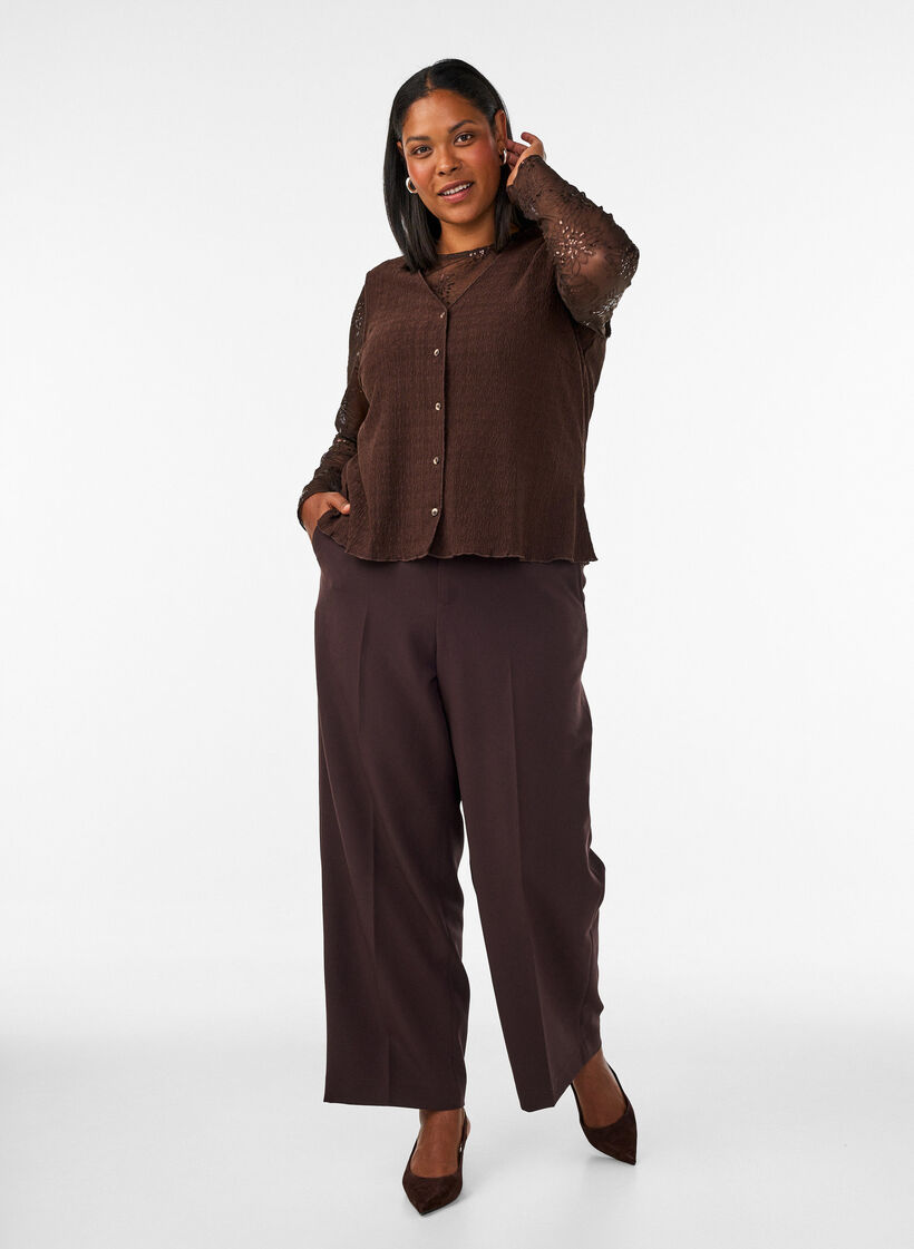 Tailored trousers with wide legs and high waist, Brown, Model image number 0