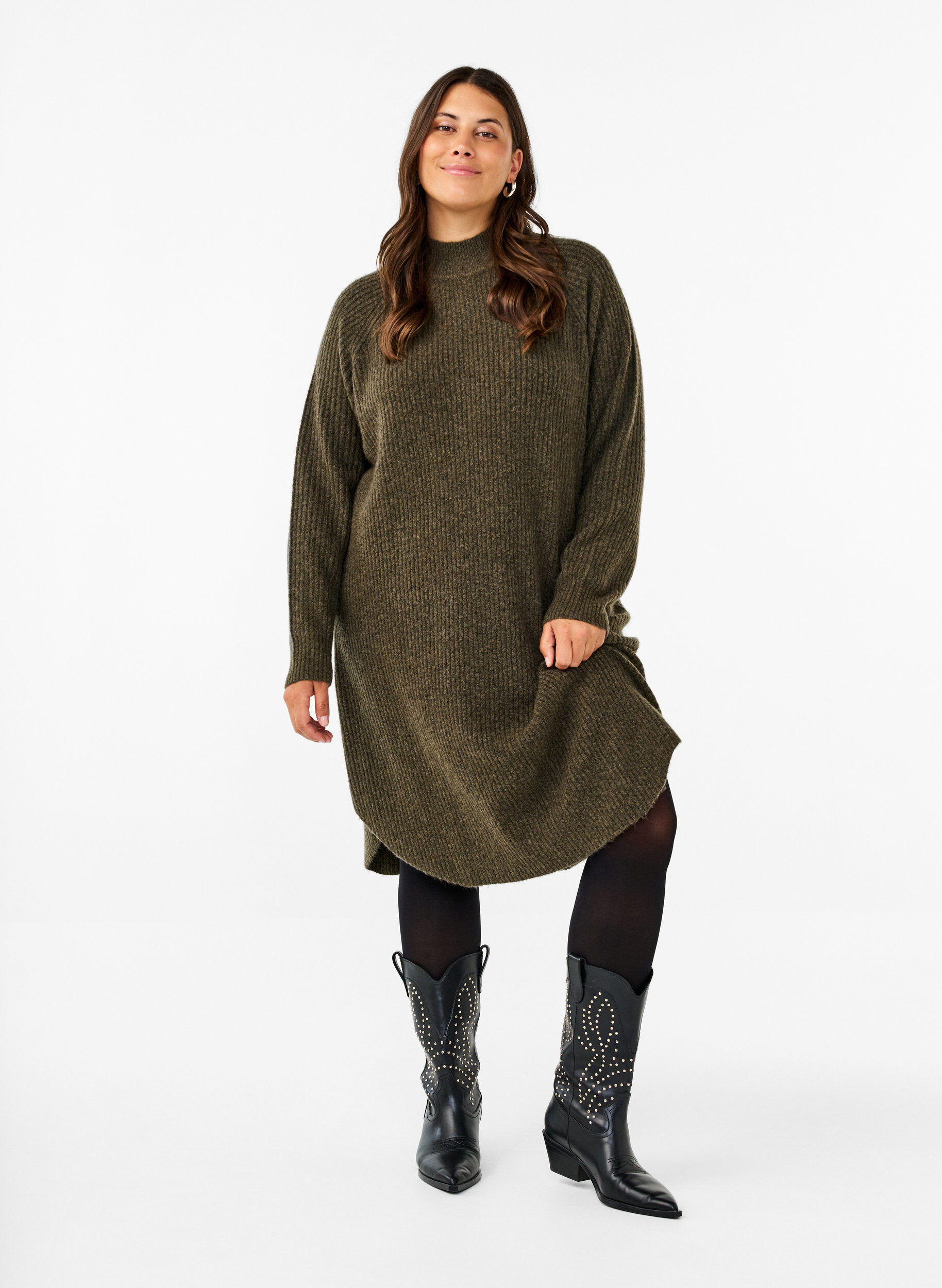 Zizzifashion Long-sleeved knitted dress with a high neck, Sea Turtle Mel., Model image number 0