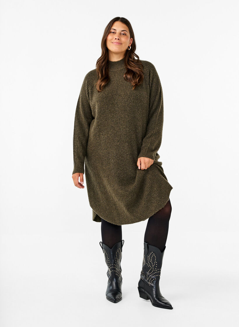 Long-sleeved knitted dress with a high neck, Sea Turtle Mel., Model image number 0